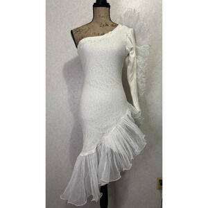 One Shoulder Long Sleeve Asymmetrical Ruffles Dress Ivory White SMALL READ